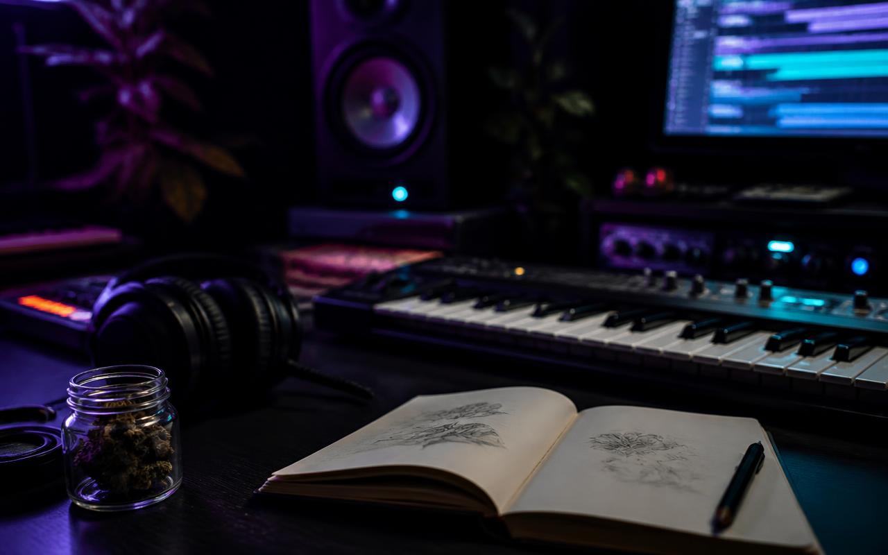 Editorial late-night studio scene — not a product photo